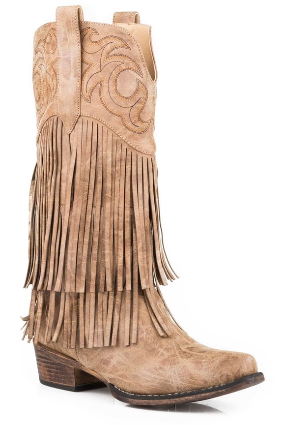 Womens Rickrack Embroidery Fringe Snip Toe Cowboy Mid Calf Boots