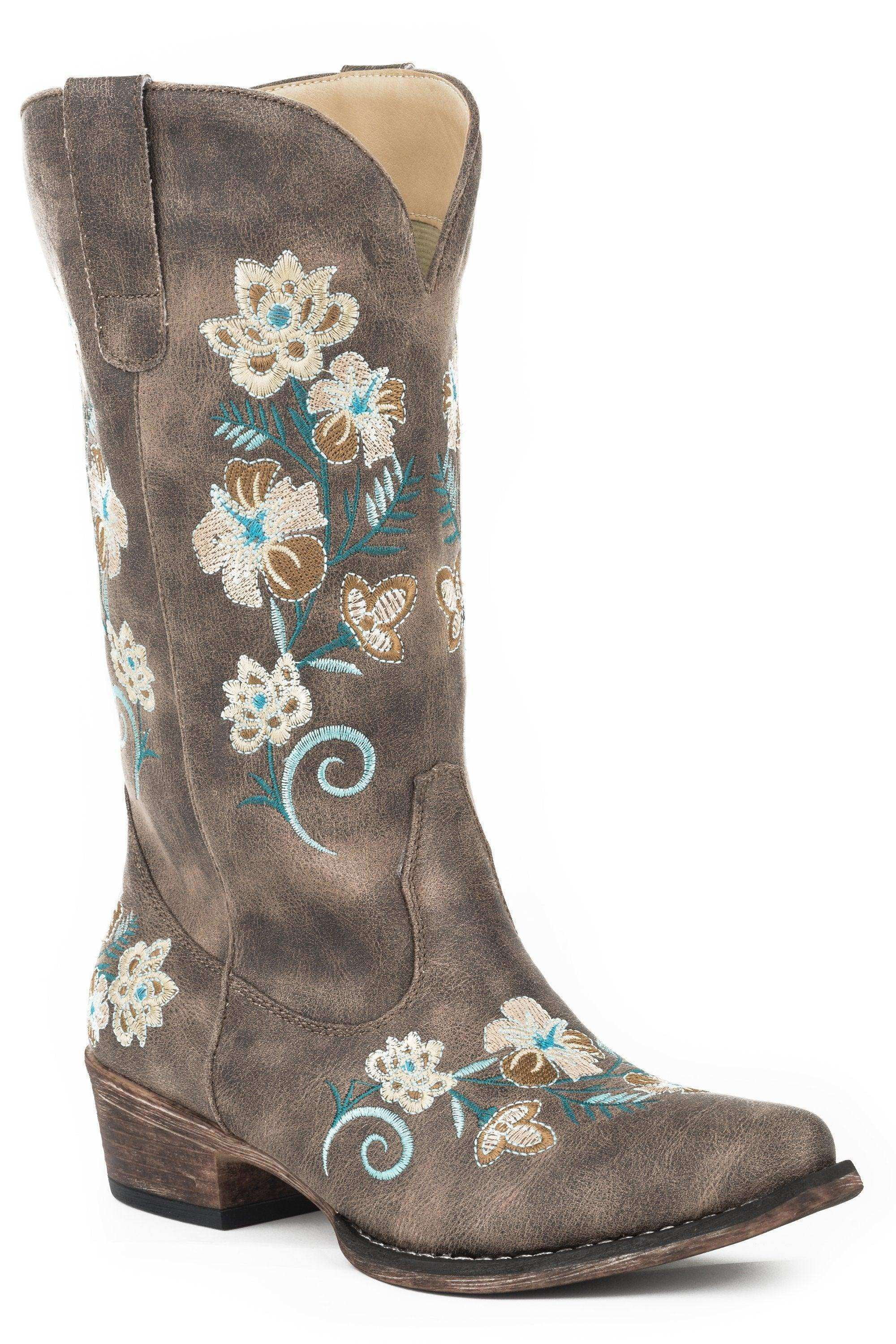 Roper Womens Riley Floral Embroidery Snip Toe Cowboy Mid Calf Boots ...