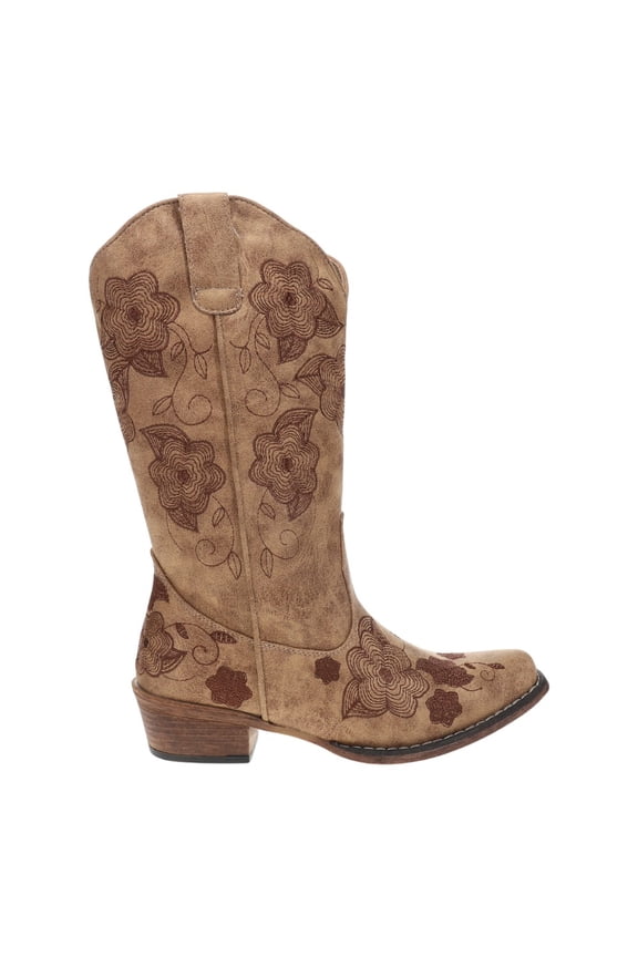 Womens Riley Flowers Floral Embroidered Snip Toe Pull On Cowboy Mid