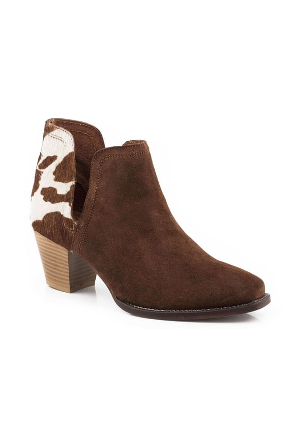 Womens Rowdy Cow Print Pointed Toe Cowboy Ankle Boots