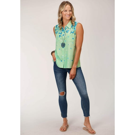 Roper Womens Sleeveless Summer Floral Brdr Print Amer Crepe Blouse