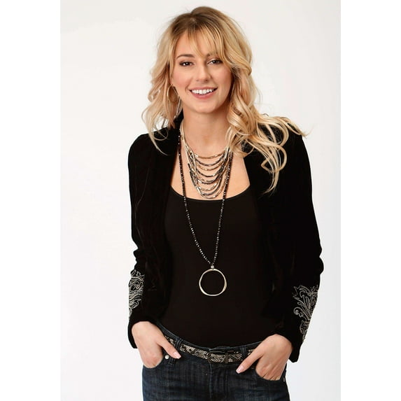 Roper Womens Solid Black Velvet With Embroidery Zip Front Jacket