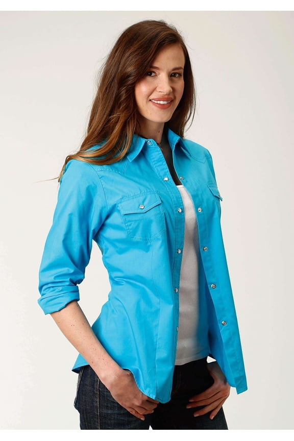 Womens Turquoise Solid Long Sleeve Snap Western Shirt