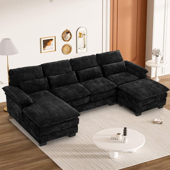 Rophefx 113" U Shaped Modular Sectional Sofa 4 Seat Chenille Cloud Couch Sofa with Chaise,Ottoman&Deep Seat for Living Room,Light Black
