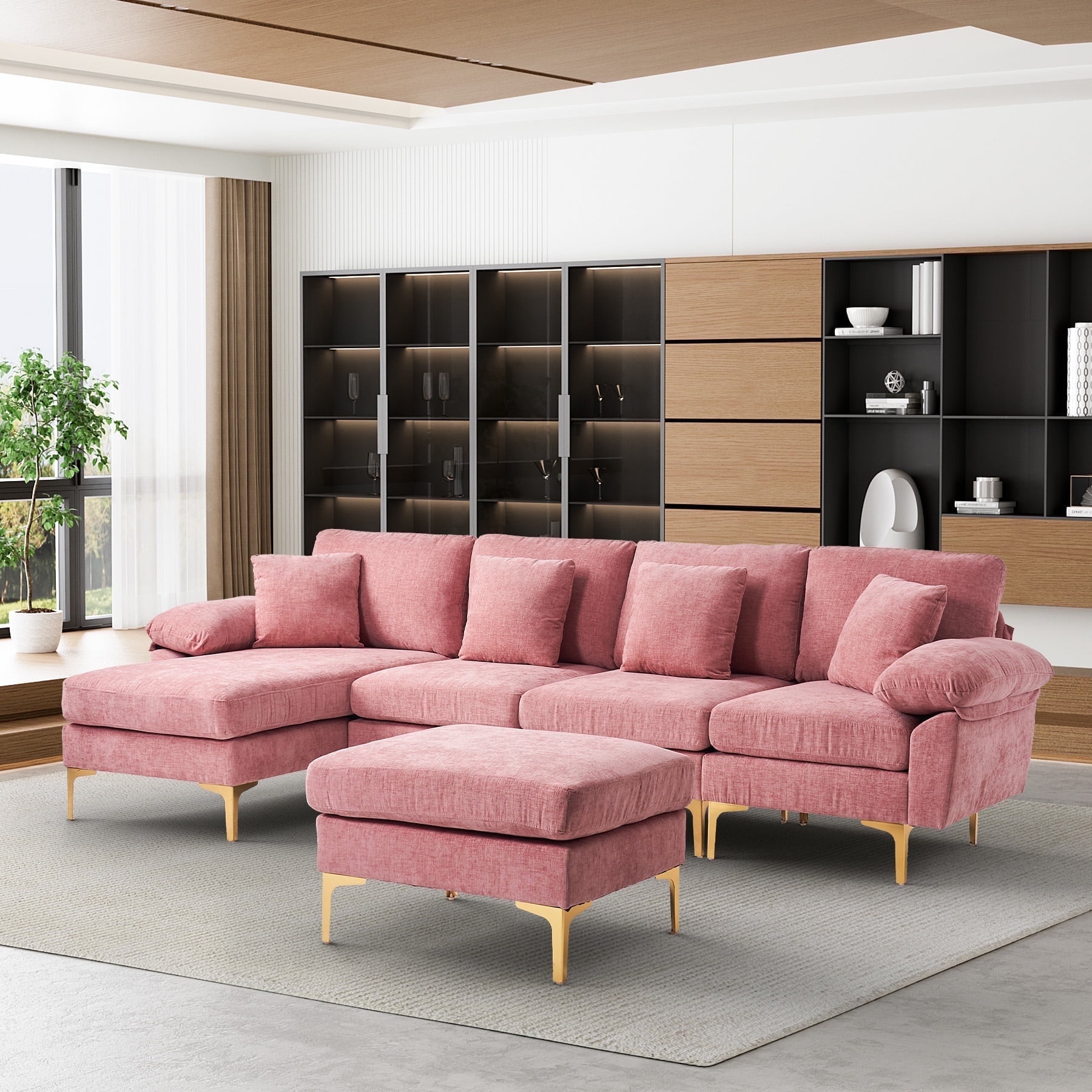 Luxurious Pink Velvet U-Shaped Sectional Sofa with Ottoman