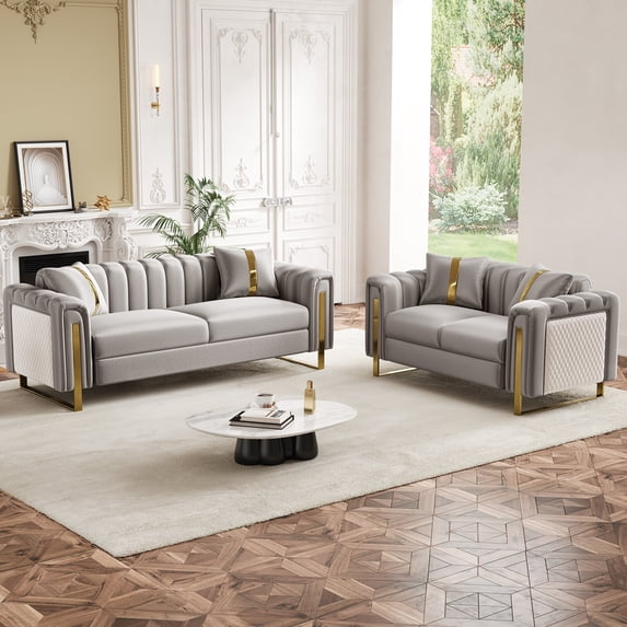 Rophefx Velvet Tufted Sofa Set,Classic Chesterfield Deep Seat Sofa Couch Set of 2 with Gold Legs,3 Seater& Loveseat Furniture Sofa for Living Room Bedroom Apartment Office,Silver Gray(67"+84.7")