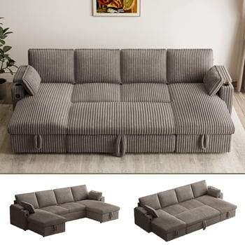 Rophefx Modular Sectional Sofa,Modern Chenille U-Shaped Sofa Couch with Pull Out Bed,Storage Seat,USB, Cup Holder,Side Pocket,Cloud Couch Bed for Living Room, Apartment,Brown