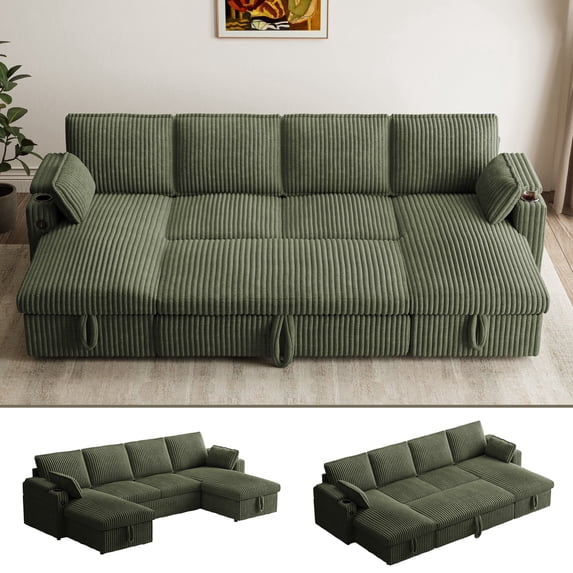 Rophefx Modular Sectional Sofa,Modern Chenille U-Shaped Sofa Couch with Pull Out Bed,Storage Seat,USB, Cup Holder,Side Pocket,Cloud Couch Bed for Living Room, Apartment,Green