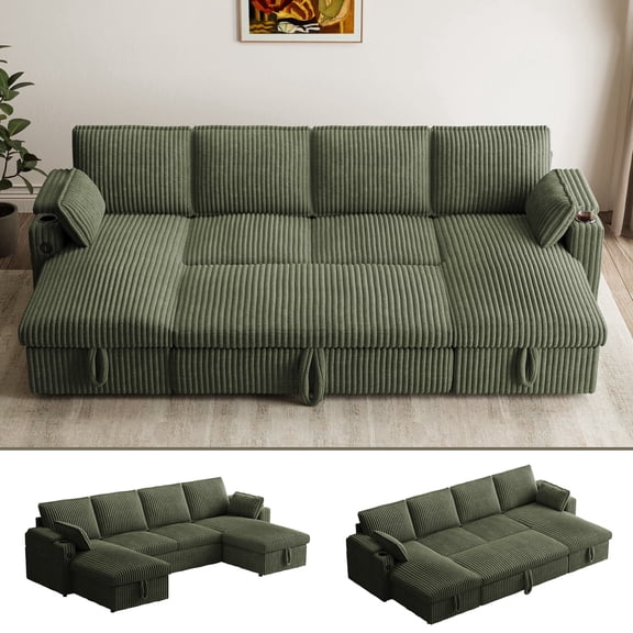 Rophefx Modular Sectional Sofa,Modern Chenille U-Shaped Sofa Couch with Pull Out Bed,Storage Seat,USB, Cup Holder,Side Pocket,Cloud Couch Bed for Living Room, Apartment,Green