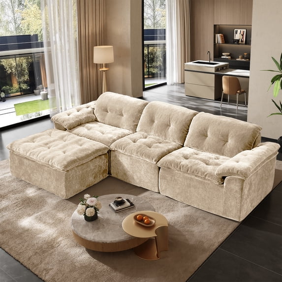 Rophefx 118" Oversized Modular Sectional Sofa,Large Modern Cloud Sectional Couch with Ottoman,Chenille 4 Seat Sofa Set,L-Shape Couch for Living Room,Apartments,No Assembly Required,Brown
