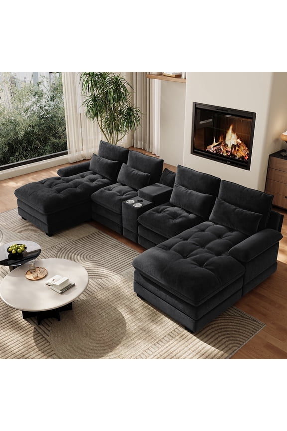 134" Modular Sectional Sofa for Living Room,Oversized Couch with Chaise Lounge,U-Shaped Cloud Couch with Storage Console and USB Port,Black