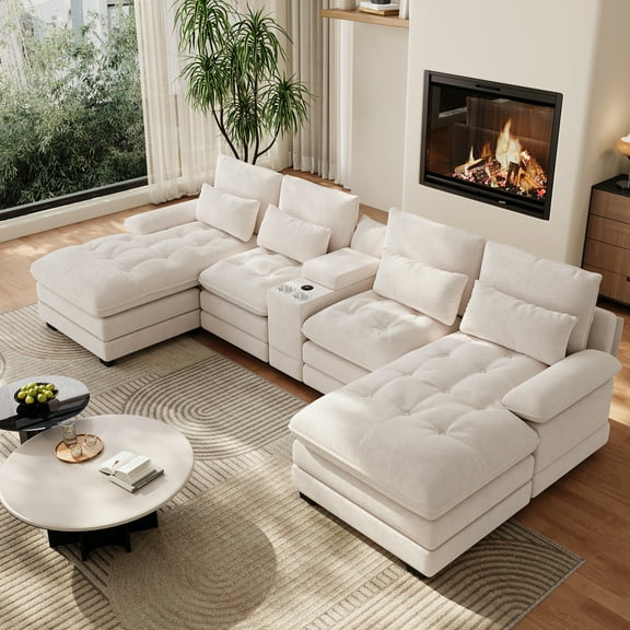 Rophefx 134" Modular Sectional Sofa for Living Room,Oversized Couch with Chaise Lounge,U-Shaped Cloud Couch with Storage Console and USB Port,White