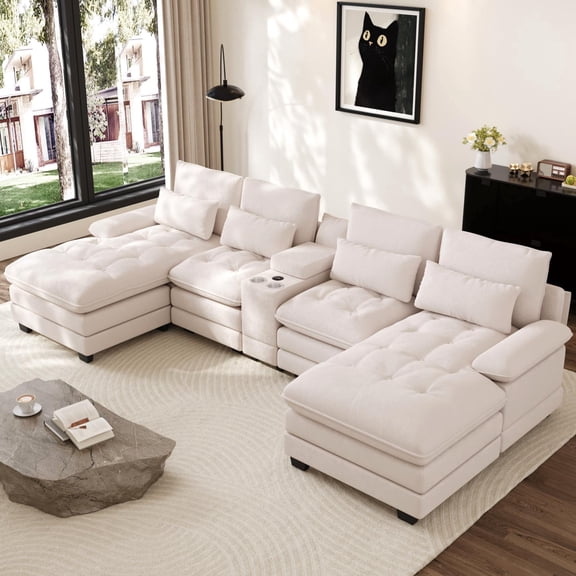 Rophefx 134" Oversized U Shaped Modular Sectional Sofa, 6 Seater Chenille Cloud Couch with Storage Console, Cup Holders and USB Ports for Living Room,White
