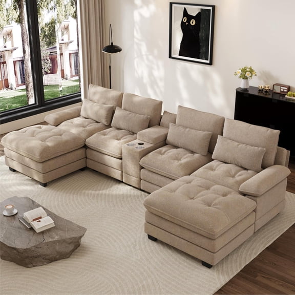 Rophefx 134" Oversized U Shaped Modular Sectional Sofa, 6 Seater Chenille Cloud Couch with Storage Console, Cup Holders and USB Ports for Living Room,Shimmer Brown