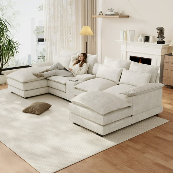 Rophefx 135.4" Sectional Couches for Living Room,U Shaped Cloud Couch with USB Charging Port,Hidden Storage & Cup Holders,Chenille Sofa with Ottoman ,White