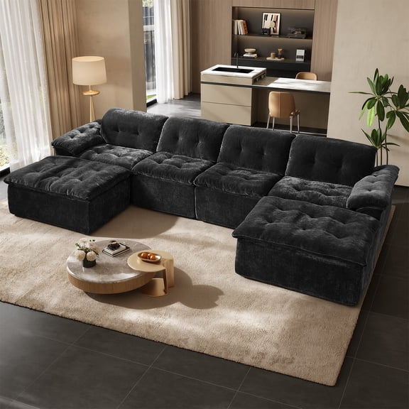 Rophefx 157" Oversized U Shaped Sectional Cloud Couch,Large Modern Cloud Sectional Couch with Ottoman,Chenille 6 Seat Sofa Set,Modular Sectional Sofa for Living Room,No Assembly Required,Black