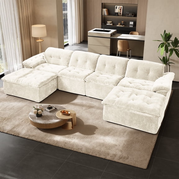 Rophefx 157" Oversized U Shaped Sectional Cloud Couch,Large Modern Cloud Sectional Couch with Ottoman,Chenille 6 Seat Sofa Set,Modular Sectional Sofa for Living Room,No Assembly Required,Beige