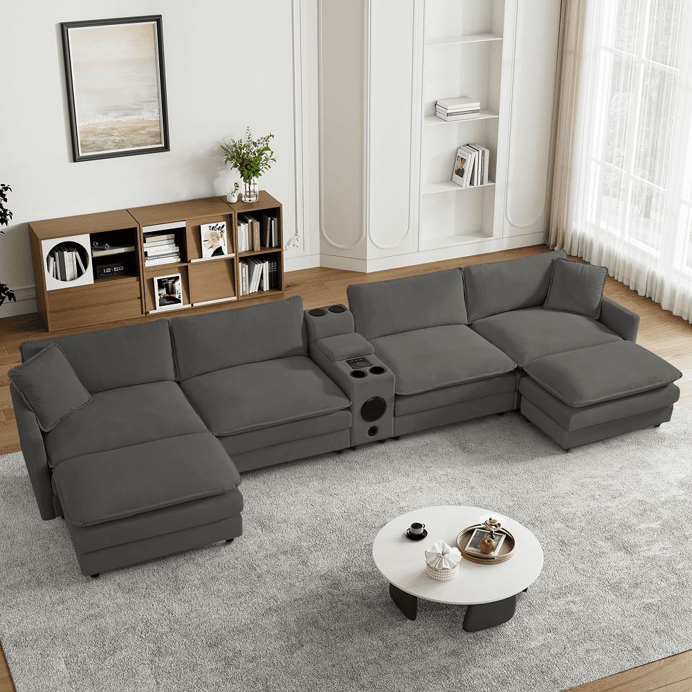 Rophefx 162.6" Modern U Shaped Sectional Sofa, Velvet Deep Seat Cloud Couches with Ottoman, Central Console and Double Layer Cushion