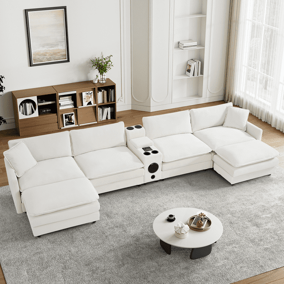 Rophefx 162.6" Modern U Shaped Sectional Sofa, Velvet Deep Seat Cloud Couches with Ottoman, Central Console and Double Layer Cushion