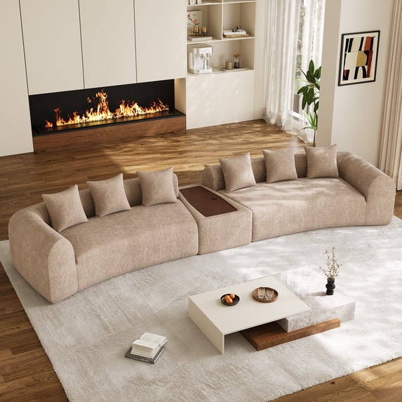 Rophefx 177.7" Oversized Curved Sectional Sofa for Living Room with 29.2" Deep Seats, Movable Coffee Table with USB, No Assembly, Light Brown Chenille