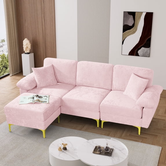 Rophefx 88.5" Sectional Couches for Living Room,3-Seat L-Shaped Sofa,Upholstered Velvet Fabric with Ottoman,Pink