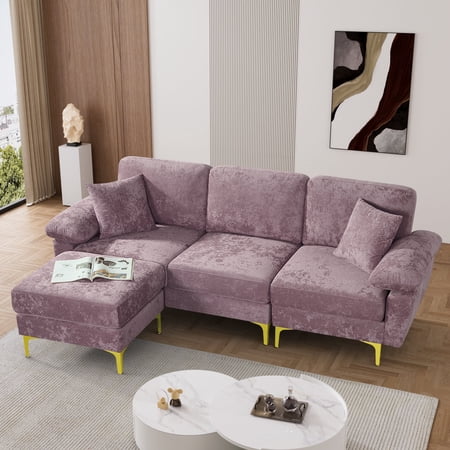 Rophefx 2-Pieces Upholstered Velvet Sectional Sofa with 2 Pillows & Ottoman