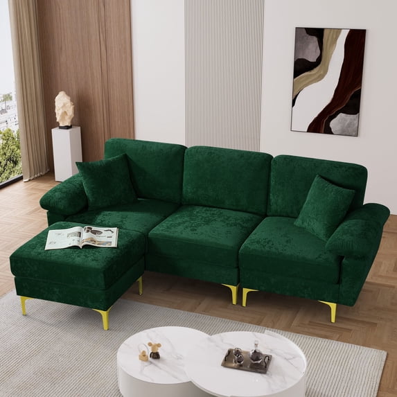 Rophefx 88.5" Sectional Couches for Living Room,3-Seat L-Shaped Sofa,Upholstered Velvet Fabric with Ottoman,Green
