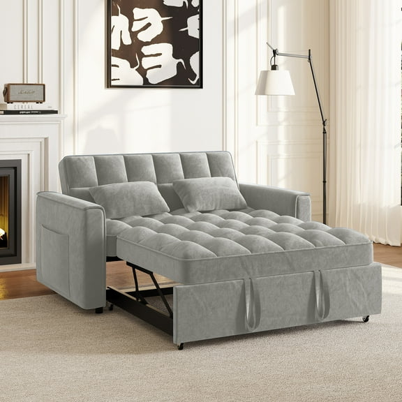 Rophefx 3-in-1 Pull Out Sofa Bed, Futon Sofa, Convertible Velvet Sleeper Chair Bed for Living Room, Light Grey