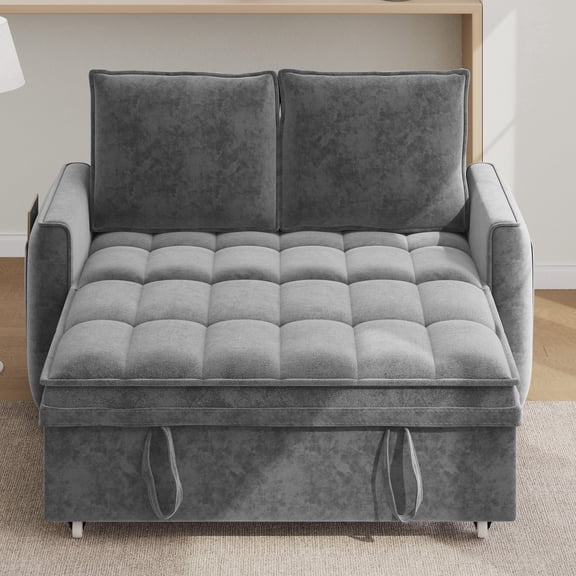 Rophefx 3-in-1 Pull Out Sofa Bed with Adjustable Backrest& Side Pockets,Convertible Chenille Futon Sofa for Living Room, Light Grey
