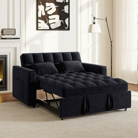Rophefx 3-in-1 Pull Out Sofa Bed, Futon Sofa, Convertible Velvet Sleeper Chair Bed for Living Room, Black