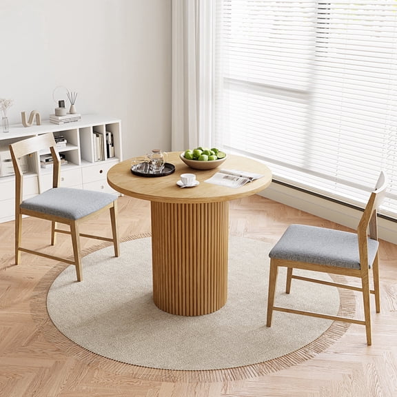 Rophefx 34.3" Solid Wood Round Dining Table with Fluted Wood Base Circle Dining Table,BlackNatural