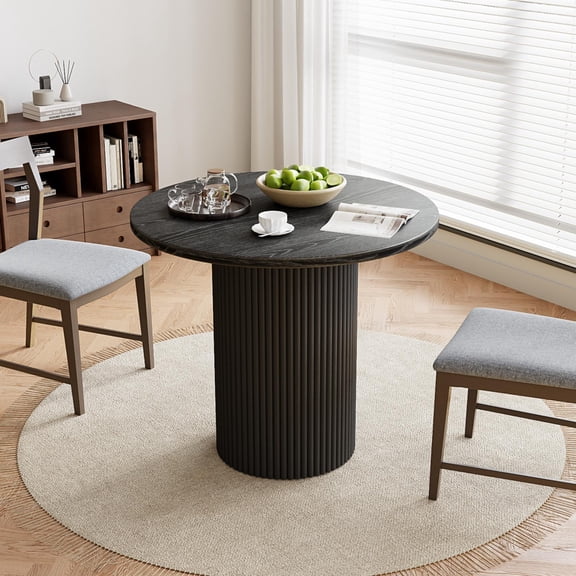 Rophefx 34.3" Solid Wood Round Dining Table with Fluted Wood Base Circle Dining Table,Black