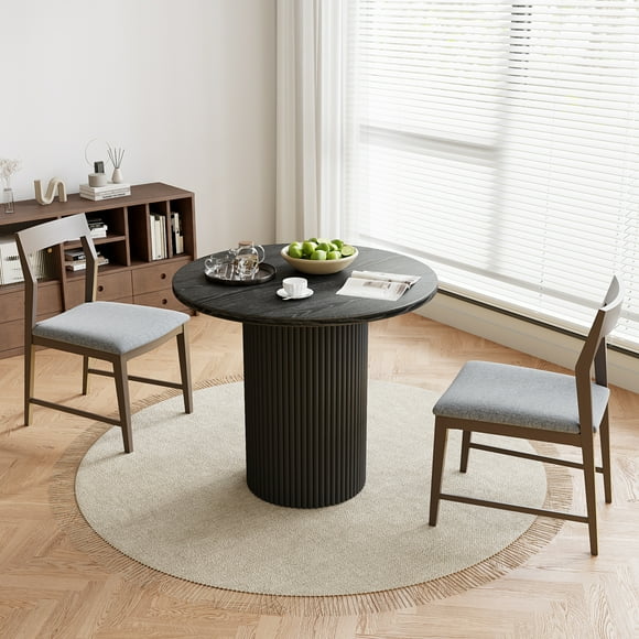 Rophefx 35.4" Solid Wood Round Dining Table with Handcrafted Relief Pedestal,Circle Dining Table,Black