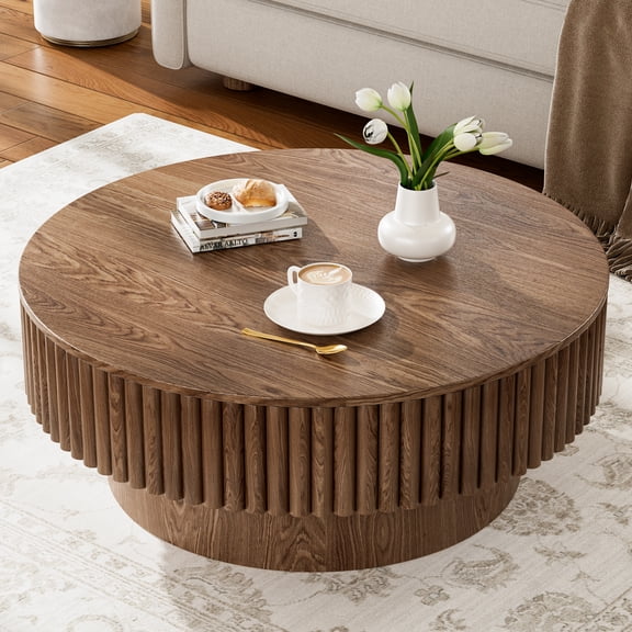 Rophefx 35" Round Coffee Table with Storage,Modern Wooden Accent Center Table for Living Room Apartment Small Space,Walnut