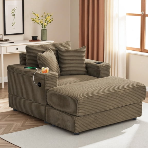 Rophefx 42" Lounge Chair Indoor,Corduroy Deep Seat Chaise Lounge Chair Indoor with Ottoman,Cup Holder,USB Ports for Living Room, Bedroom, Office Furniture,Brown