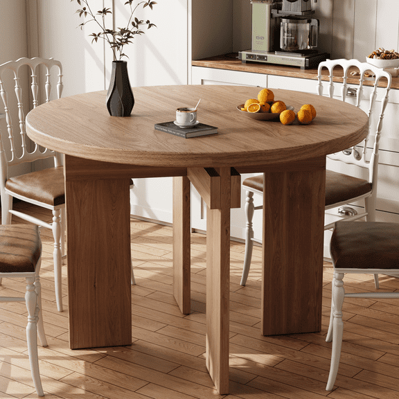 Rophefx 44.9" Wood Round Dining Table for 4,Modern Kitchen Table with Thick Tabletop,Sturdy Table Legs,Farmhouse Circle Dining Tables for Kitchen,Coffee,Dining Room,Living Room,Walnut