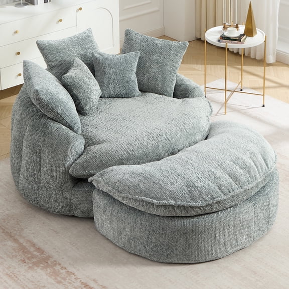 Rophefx 54.3" Chaise Lounge Indoor,Boneless Cloud Couch Sofa with Deep Seat,Lounge Chair with Ottoman for Living Room,No Assembly,Blue