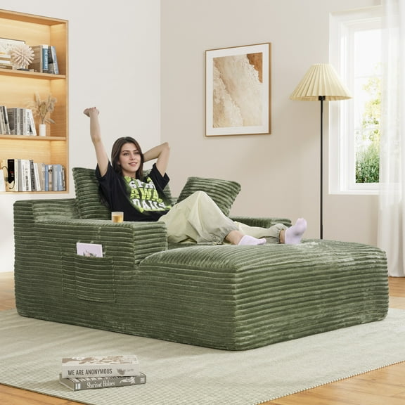 Rophefx 68.5" Oversized Chair Chaise Lounge Indoor, Cloud Sofa Bed with Cup holder,Sleeper Reading Chair Couch for Living Room, Bedroom,Green