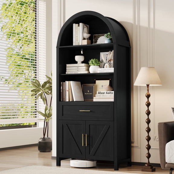 Rophefx 70.8" Tall Arched Cabinet,Dark Black Wood Storage Bookcase Cabinet with Drawer,5-Tier Arched Bookshelf with Doors for Living Room, Kitchen,Offic,Bedroom