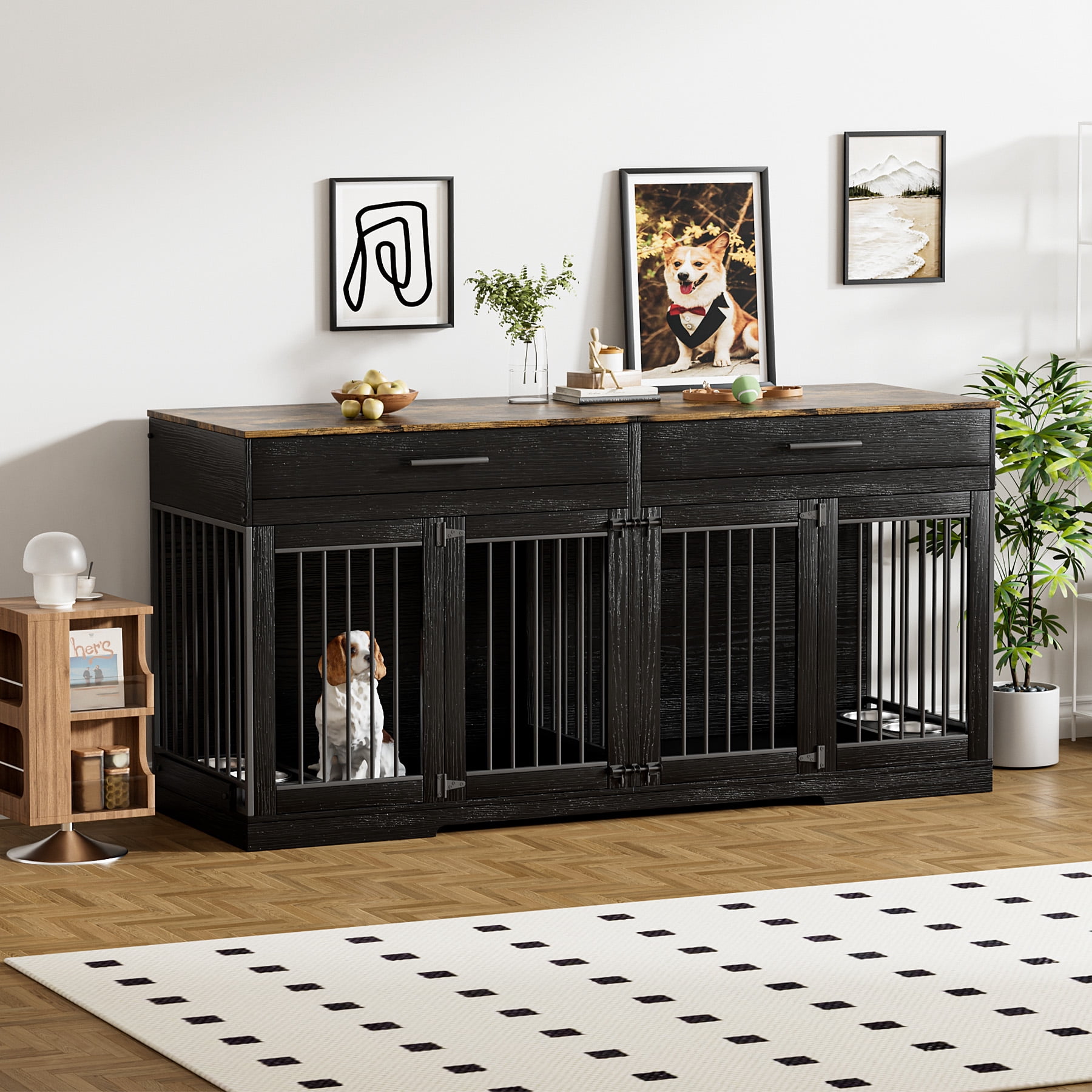 Rophefx 72" Dog Crate Furniture for 2 Dogs,Large Kennel with 2 Drawers and 4 Bowls,Wooden Heavy Duty Indoor Dog House,Black Brown