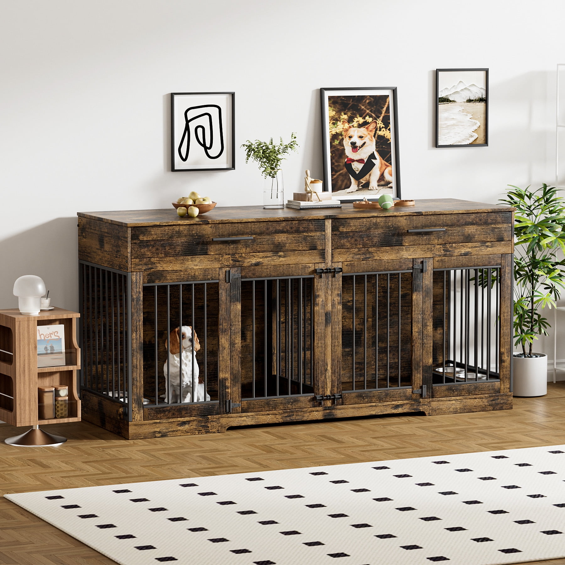 Rophefx 72" Dog Crate Furniture for 2 Dogs,Large Kennel with 2 Drawers and 4 Bowls,Wooden Heavy Duty Indoor Dog House,Brown