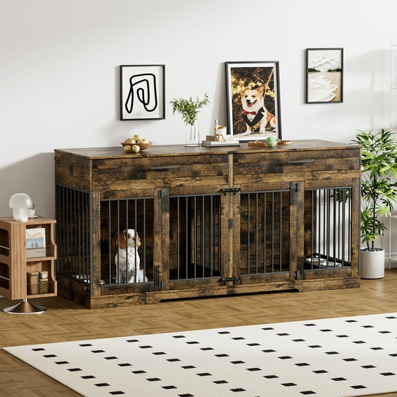 Rophefx 72" Dog Crate Furniture for 2 Dogs,Large Kennel with 2 Drawers and 4 Bowls,Wooden Heavy Duty Indoor Dog House,Brown