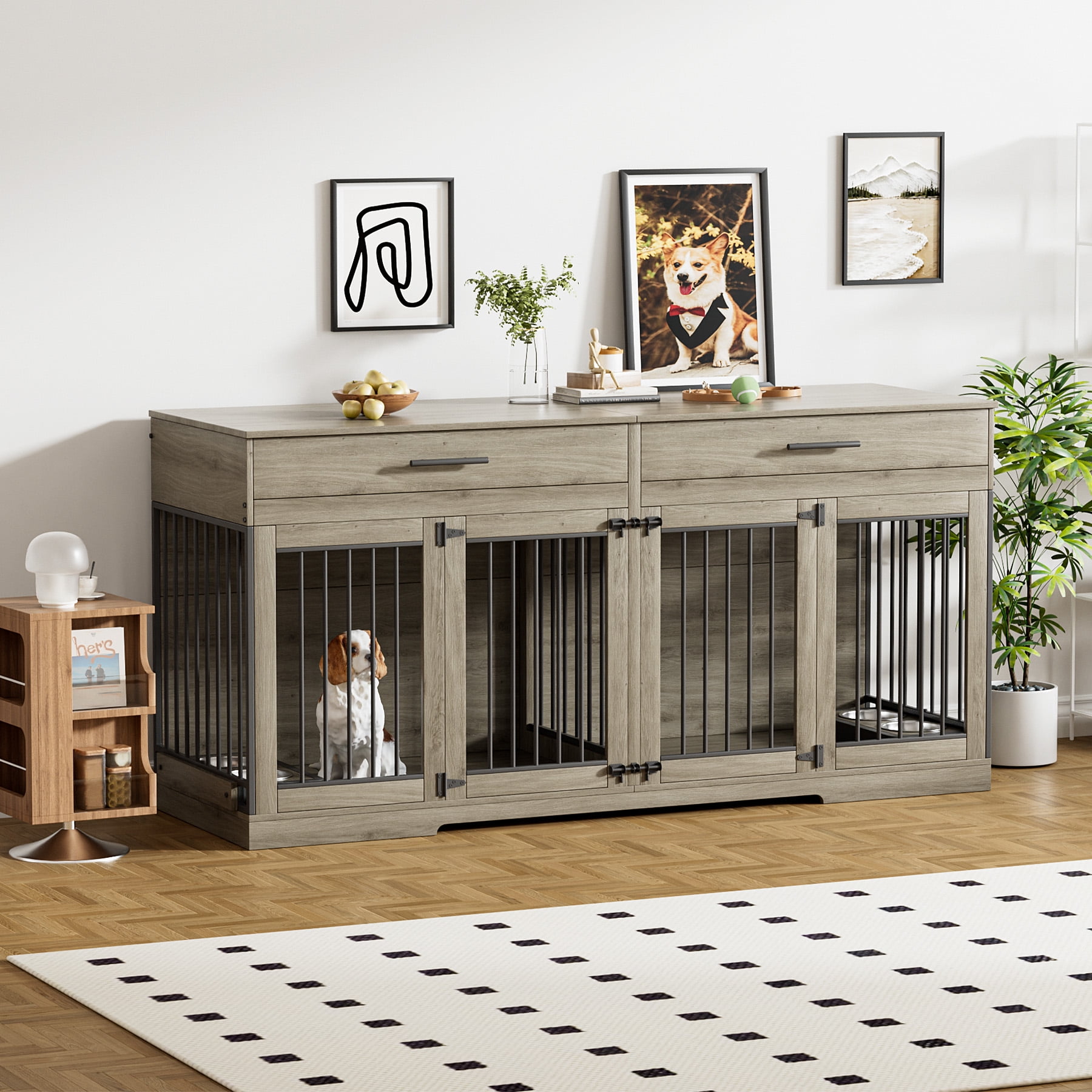Rophefx 72" Dog Crate Furniture for 2 Dogs,Large Kennel with 2 Drawers and 4 Bowls,Wooden Heavy Duty Indoor Dog House,Grey