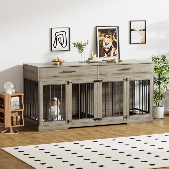 Rophefx 72" Dog Crate Furniture for 2 Dogs,Large Kennel with 2 Drawers and 4 Bowls,Wooden Heavy Duty Indoor Dog House,Grey