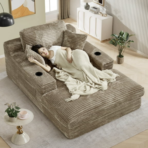 Rophefx 75.9" Oversized Chair Chaise Lounge Indoor, Cloud Sofa Bed with Cup holder,Sleeper Reading Chair Couch for Living Room, Bedroom,Brown