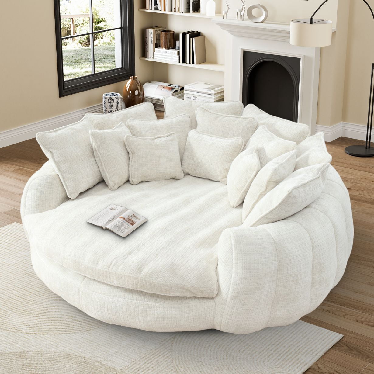 Rophefx 81.1" Oversized Round Chaise Lounge Sofa Bed,Fluffy Plush Cloud Couch with Deep Seat and 14 Pillows,Modern Comfy Couch for Living Room Apartment,Beige