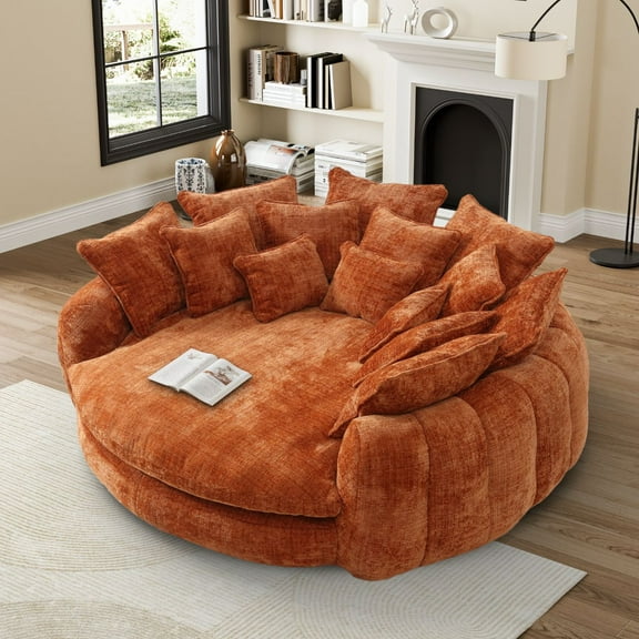 Rophefx 81.1" Oversized Round Chaise Lounge Sofa Bed,Fluffy Plush Cloud Couch with Deep Seat and 14 Pillows,Modern Comfy Couch for Living Room Apartment,Orange