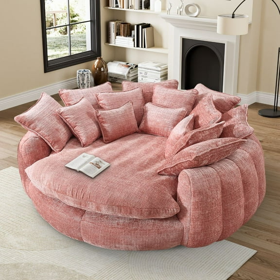Rophefx 81.1" Oversized Round Chaise Lounge Sofa Bed,Fluffy Plush Cloud Couch with Deep Seat and 14 Pillows,Modern Comfy Couch for Living Room Apartment,Pink