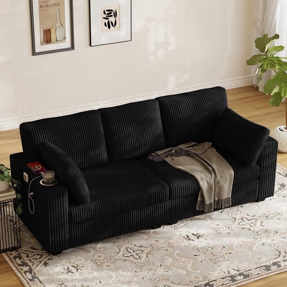 Rophefx 80" 3 Seater Sofa with USB Ports,Cup Holders, Corduroy Deep Seat Sofa Couch for Living Room Apartment Bedroom,Black