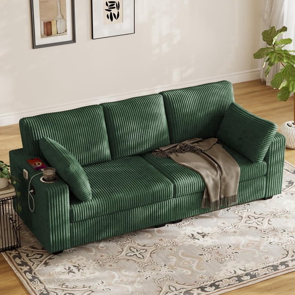 Rophefx 82" Comfy 3 Seat Sofa,Corduroy Deep Seat 3 Seater Couch with USB Ports,Cup Holders,Modern Loveseat Sofa for Small Spaces, Living Room, Bedroom,Green